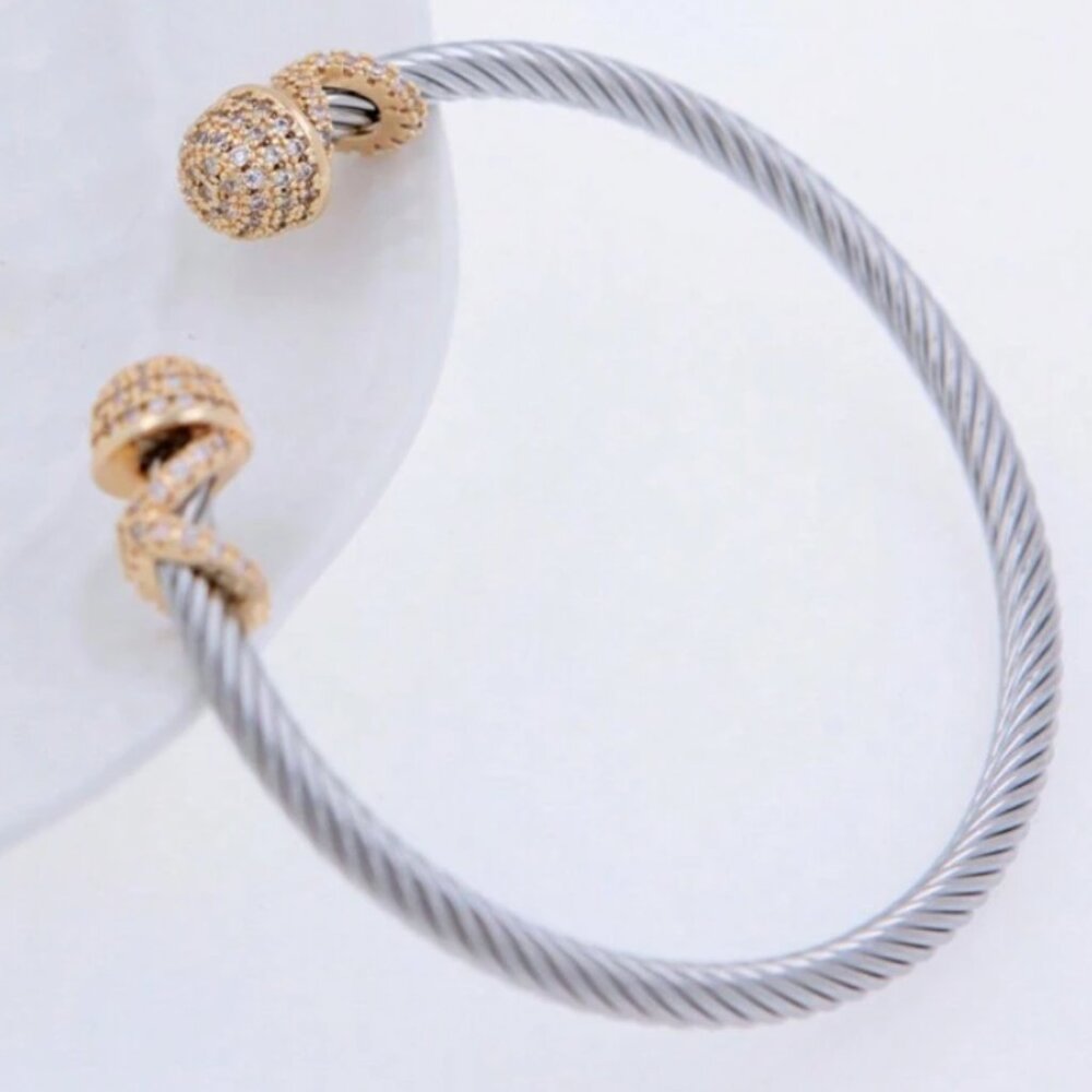 Elegant Women's 3mm Stainless Steel Cable Bangle Bracelet CZ Accents New
